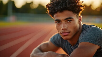 Focused athlete rests on track