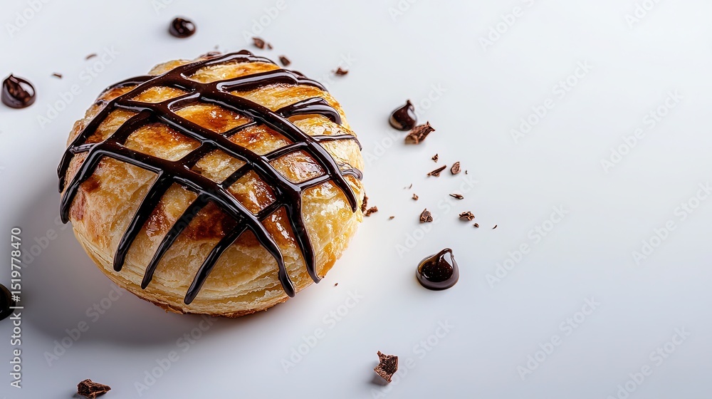 Poster top view of a puff pastry with chocolate drizzle on a white surface, surrounded by empty space to em
