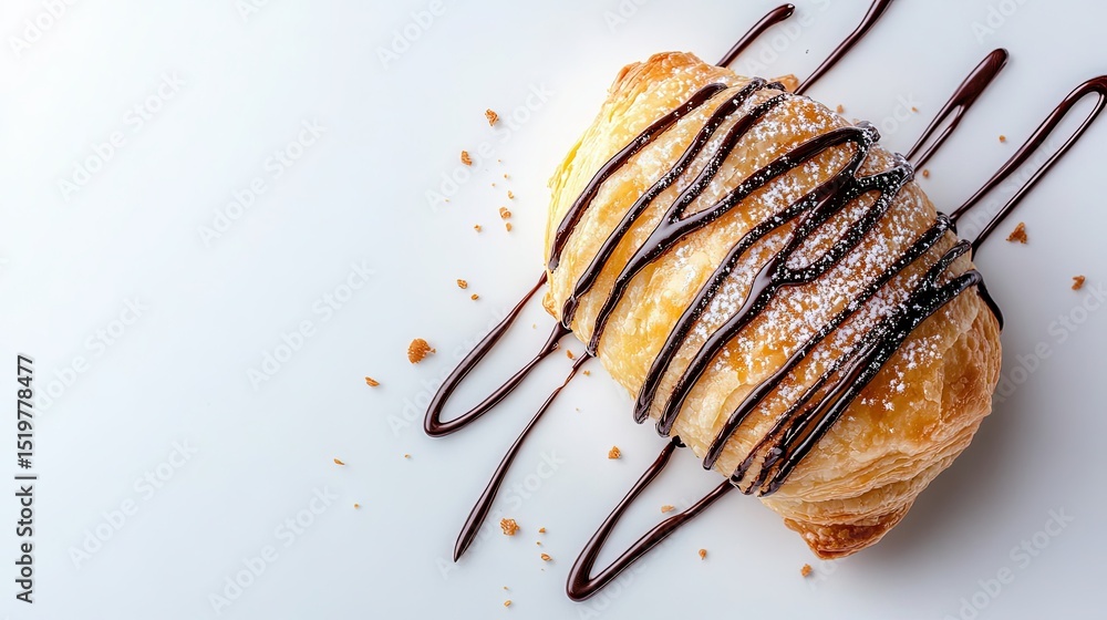Poster top view of a puff pastry with chocolate drizzle on a white surface, surrounded by empty space to em