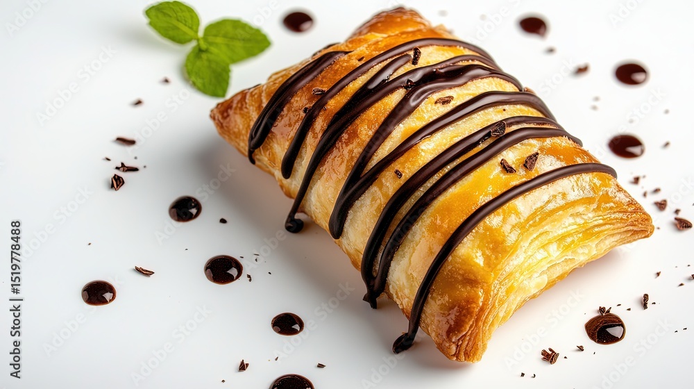 Poster top view of a puff pastry with chocolate drizzle on a white surface, surrounded by empty space to em