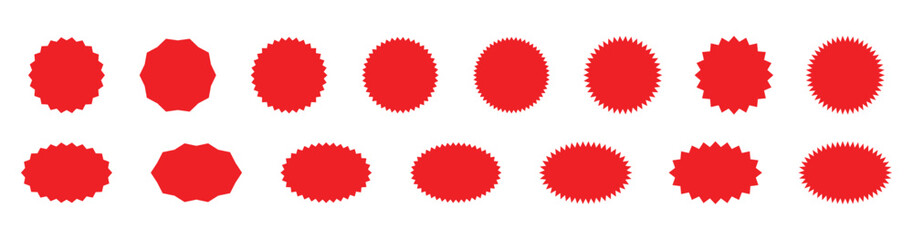 Starburst red sticker set - collection of special offer sale round and oval sunburst labels and buttons. Stickers and badges with star edges for promo advertising. stock vector . 