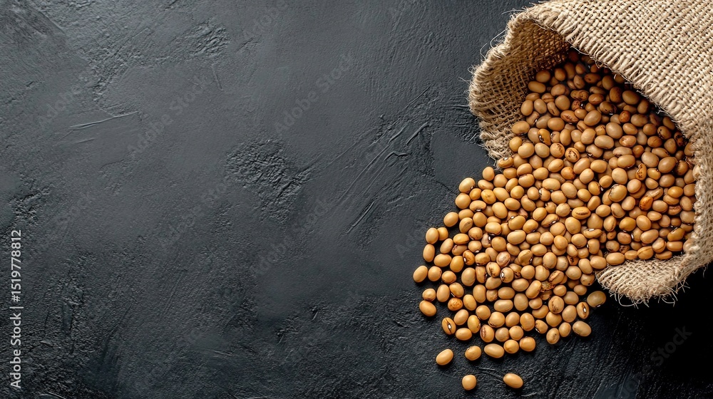 Poster top-down view of a handful of dried beans spilling out of a burlap sack, with plenty of empty space 