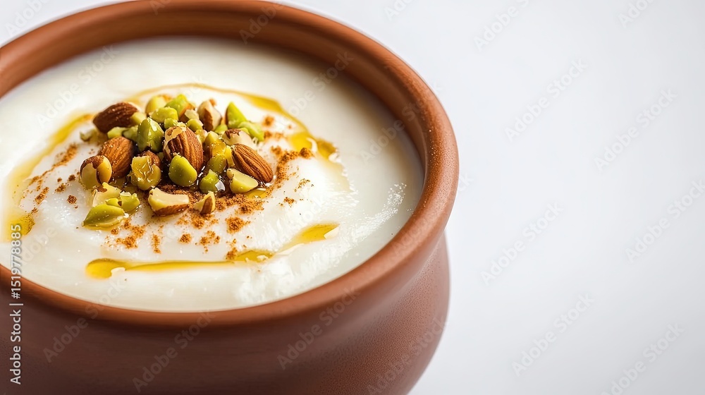 Poster top-down view of a small bowl of with a decorative drizzle of honey and a sprinkle of crushed nuts, 