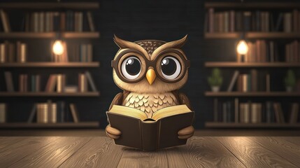 Cute owl reading in a library (1)