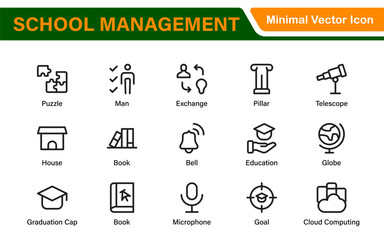 School Administration Icon Set – Modern Outline Line Vector Illustrations for Classroom, Timetable, Attendance, and Education Management Systems