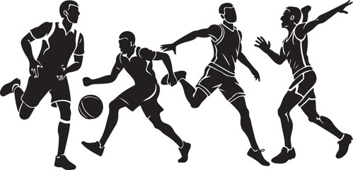 Dancing girls silhouettes and men's sports vector illustrations of running, playing, and action figures