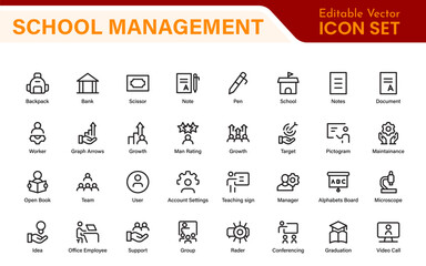 School Administration Icon Set – Modern Outline Line Vector Illustrations for Classroom, Timetable, Attendance, and Education Management Systems