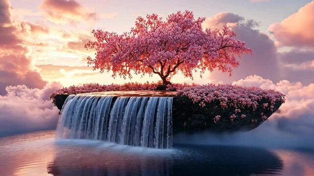 Floating island paradise with pink blossoms, waterfall, and sunrise