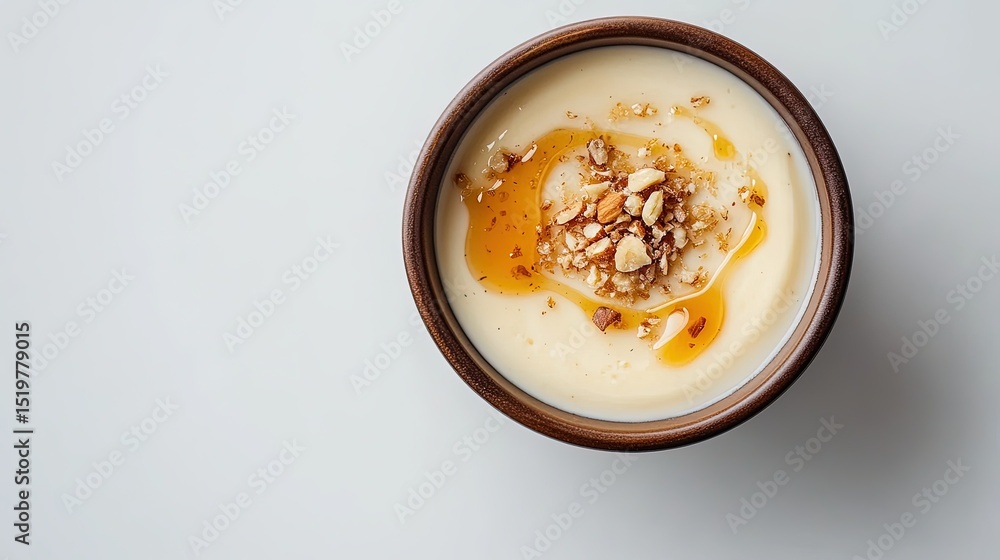 Poster top-down view of a small bowl of with a decorative drizzle of honey and a sprinkle of crushed nuts, 