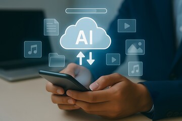 A person using a smartphone with cloud computing icons and file types floating above it.