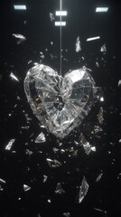 Fototapeta premium Broken glass heart suspended in space, sharp shards flying in slow motion, dark environment with volumetric lighting, conceptual love loss art