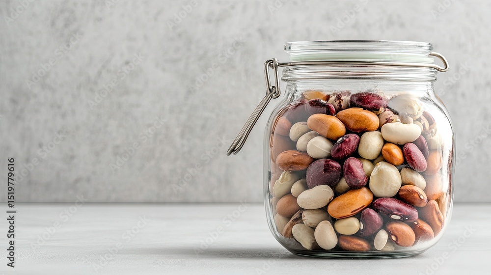 Poster various dried beans in a large glass jar, with plenty of empty space around it, focusing on the text