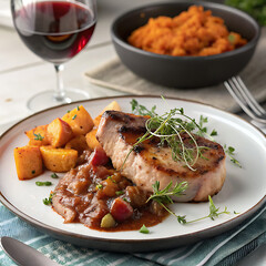 Fototapeta premium Grilled chicken and pork with roasted vegetables, a delicious gourmet meal