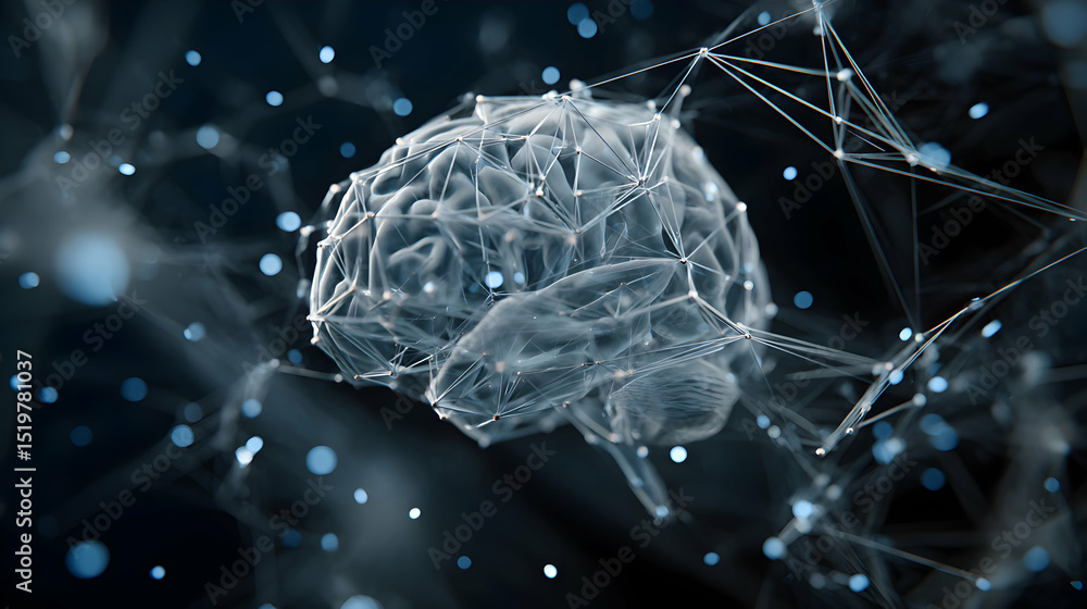 Poster brain connected to artificial intelligence network represents knowledge and neural connections