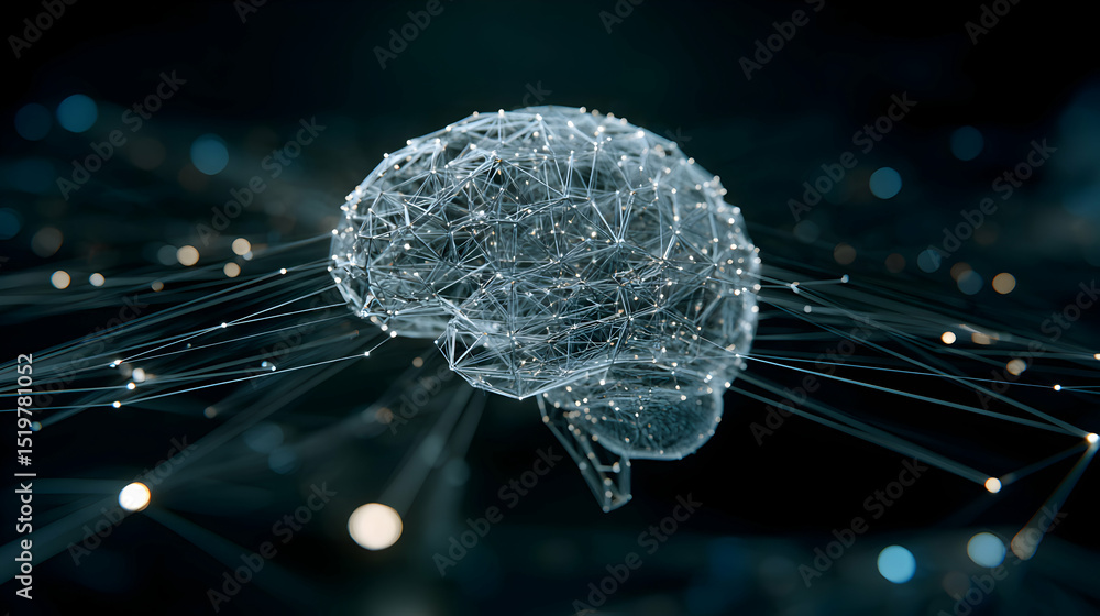 Poster conceptual representation of the human brain showing neural networks and cognitive processes linked 