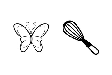 Butterfly and whisk simple black and white icon illustration for design templates