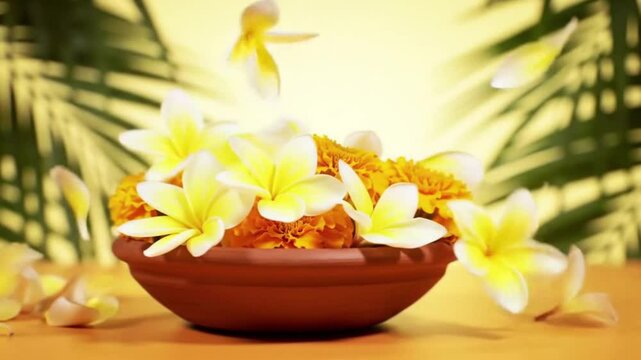 Puli kali celebration decor featuring yellow flowers in clay pot. Perfect for festive event decorations and traditional Indian cultural themes.