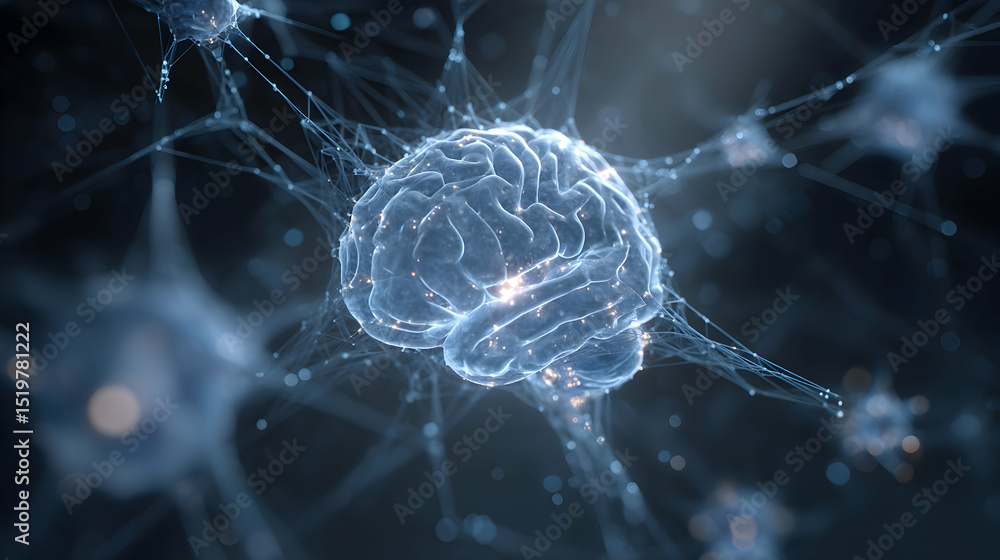 Poster conceptual rendering of human brain activity representing neural network and synapse connections