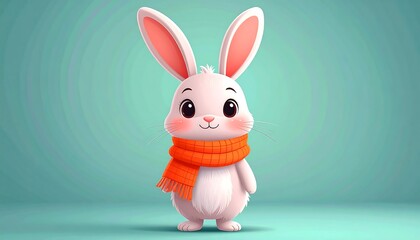 Obraz premium Adorable White Bunny Wearing an Orange Scarf Cute Cartoon Animal Illustration for Children's Book