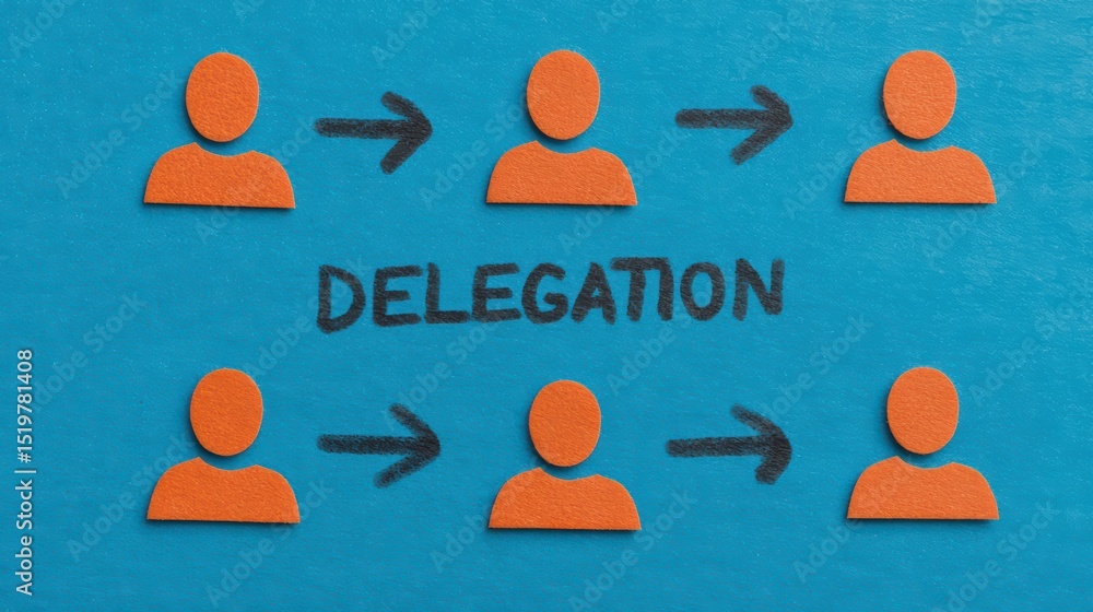 Poster delegation workflow concept with team icons illustration of task delegation process using orange hum