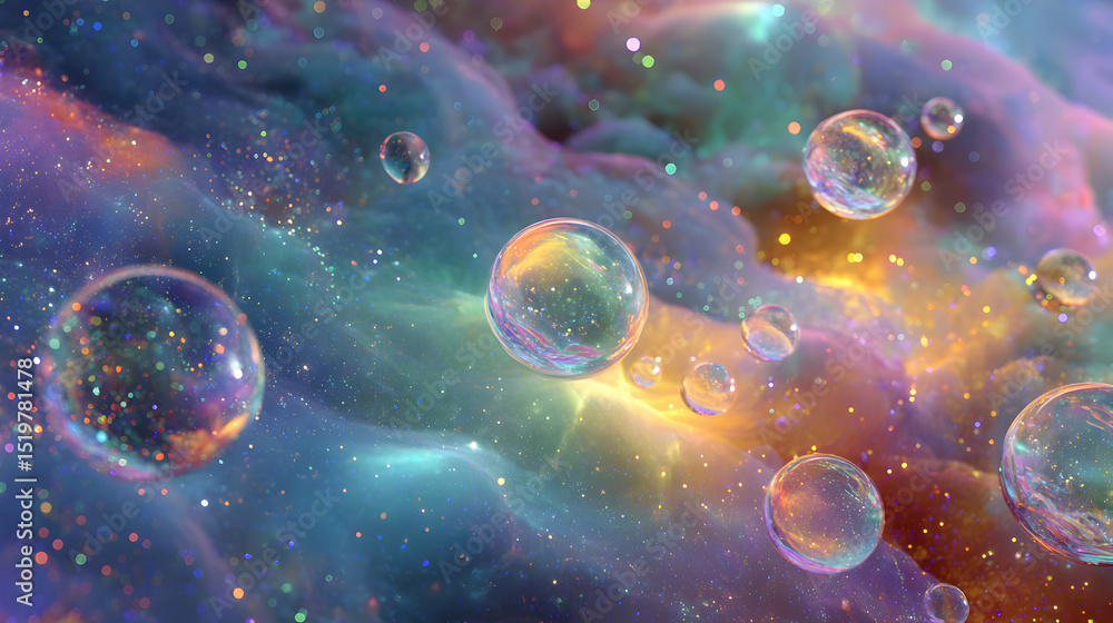 Poster floating in a mesmerizing nebula of colorful clouds and ethereal bubbles amidst a celestial wonderla
