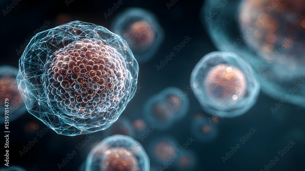 Poster close up rendering of cells or virus particles with membrane in blue color and dark background