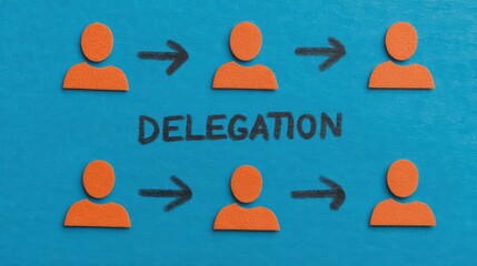 Delegation workflow concept with team icons Illustration of task delegation process using orange human icons and arrows on blue background to represent team management structure