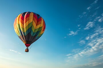 Fototapeta premium Colorful Hot Air Balloon Floating in Clear Blue Sky with Few Clouds During Sunrise or Sunset for Adventure, Travel, Leisure, and Outdoor Exploration