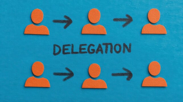 Delegation workflow concept with team icons Illustration of task delegation process using orange human icons and arrows on blue background to represent team management structure