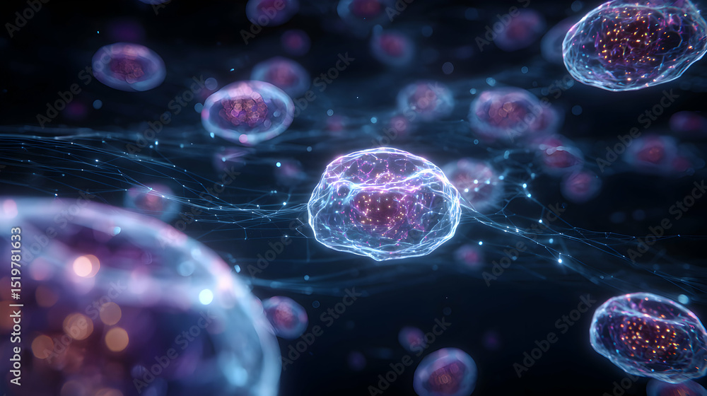 Poster microscopic view of cells with glowing network structure, representing scientific innovation and res