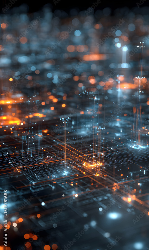 Poster digital circuit board background illuminating complex technology with orange and blue glowing light 