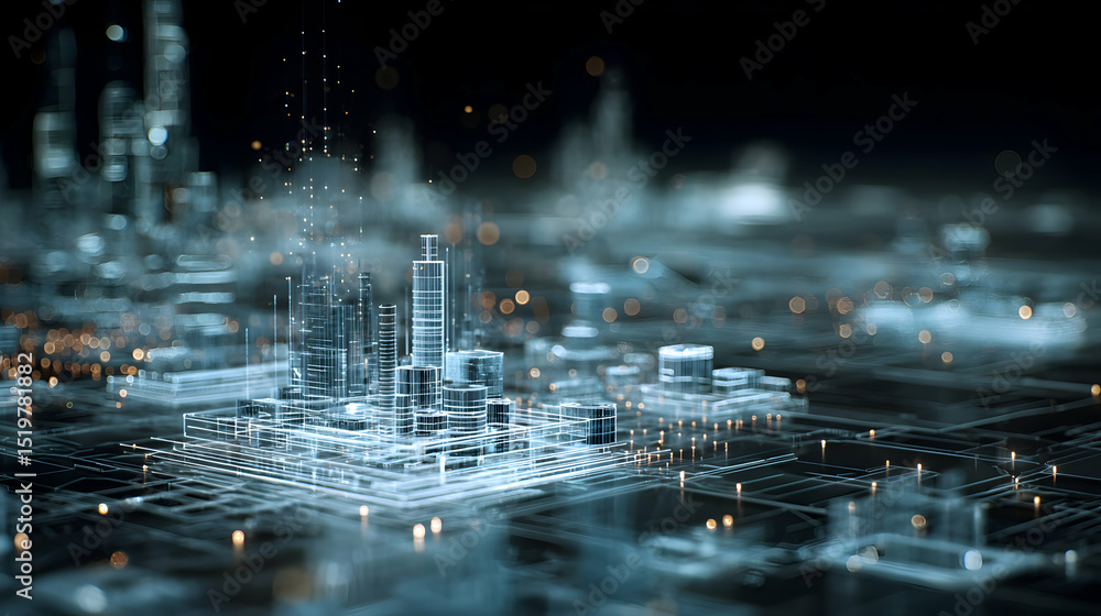 Poster futuristic cityscape blueprint digital network abstract technological innovation and development con