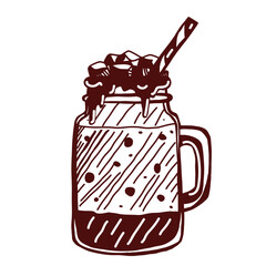Black and white vector illustration of a warm chocolate drink with marshmallows and a straw. Hand-drawn in doodle style. Perfect for coloring pages, stickers, cafe menu design, prints