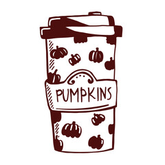 Black and white vector sketch of a takeaway glass of latte with a pumpkin pattern on the cup. Hand-drawn doodle style. Great for autumn designs, stickers, coloring pages, and cafe branding.