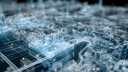 Obraz premium Futuristic digital city blueprint with glowing lights showcasing urban planning and innovation