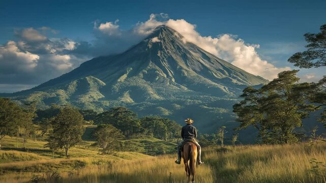 Riding a horse in front of a volcano