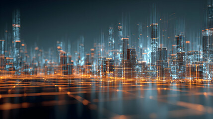 Abstract digital city illustration showcasing futuristic technology and urban development with glowing lights