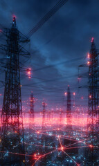 Electric dreams a city awakens beneath a sky ablaze with the silent hum of power transmission lines glowing with life