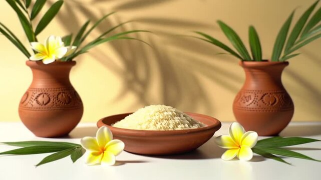 Puli kali featuring a bowl of rice, two white flowers, and terracotta pots. Perfect for food blogs, home decor, and gardening.