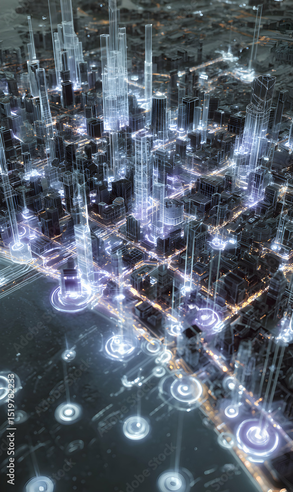 Poster futuristic cityscape illuminated by glowing lights a digital rendering of an advanced urban environm
