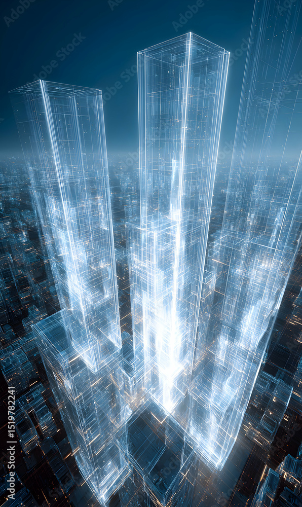 Poster futuristic cityscape digital rendering with transparent buildings and ethereal light streams showcas