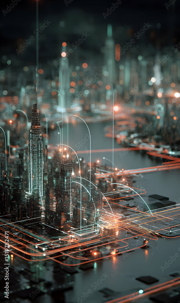 Poster futuristic cityscape with glowing connections representing advanced communication and technology int