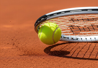 gros plan d'une raquette de tennis rattrapant un balle sur un cours en terre battu