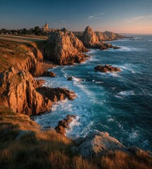 The rugged rocks of the coast at sunset, with waves crashing against them and a golden light illuminating their surfaces