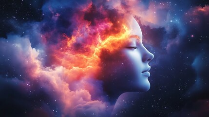 Dreamy Profile of Woman Head Surrounded by Colorful Nebula Clouds