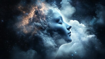 Dreaming Woman Face Silhouette Merging with Galaxy and Clouds Illustration