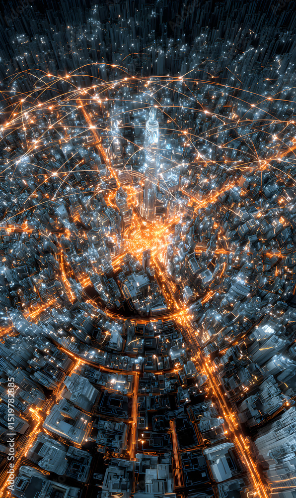Poster futuristic cityscape with interconnected network symbolizing global connectivity and technological p
