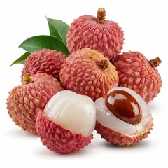 A realistic composition of fresh ripe lychee fruits with vibrant pinkish-red textured skins. Some lychees are peeled