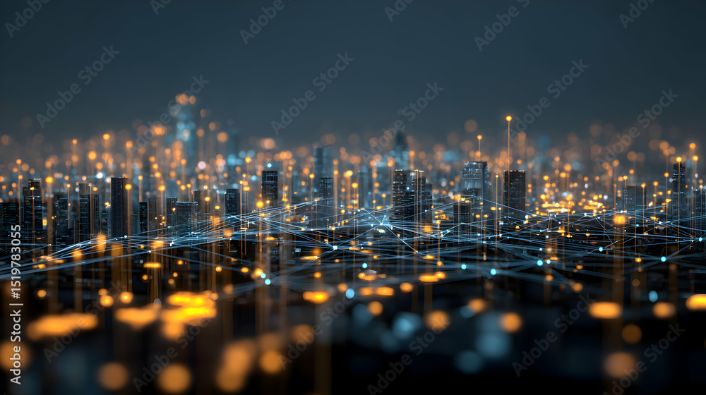 Poster digital city connection in abstract futuristic concept showing cityscape with network nodes linked t
