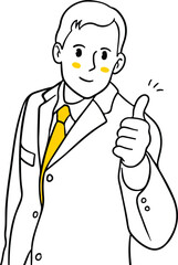 Vector illustration of a smiling man in a suit and tie giving a thumbs-up. Ideal for conveying approval, success, quality, positive feedback, agreement, or satisfaction.